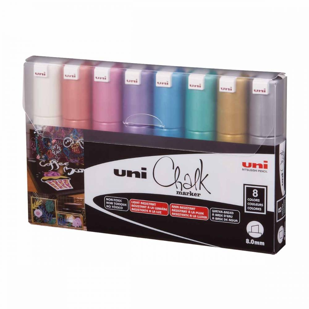 MARCADOR DE TIZA UNI CHALK ESTUCHE X 8 METALIZADO 