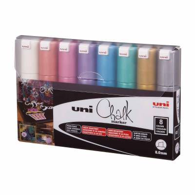 MARCADOR DE TIZA UNI CHALK ESTUCHE X 8 METALIZADO 